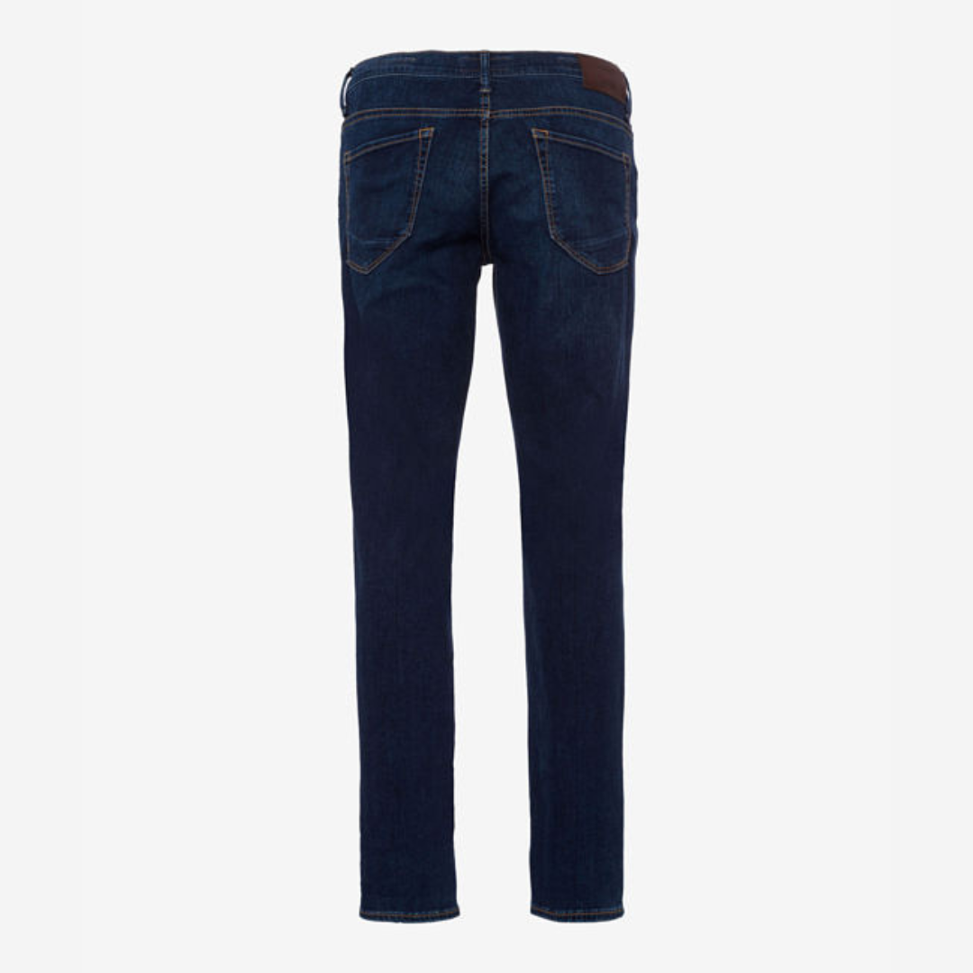 Rear view of men's Chuck Hi-Flex Jeans in premium high stretch denim with two back pockets, modern fit, and slim silhouette.