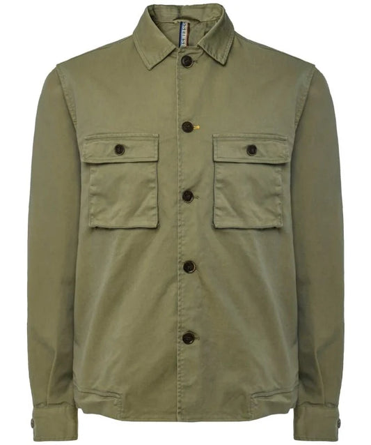 Premium stretch cotton military overshirt in sage green twill with buttoned chest flap pockets.