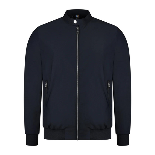 Lightweight nylon Harrington jacket in navy blue with press stud collar, zip side pockets, elasticated cuffs and waist, performance stretch fabric.